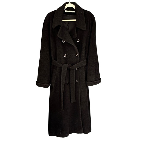 90s Y2k Vintage Perry Ellis Black Alpaca Wool Long Sherpa Belted Trench Coat